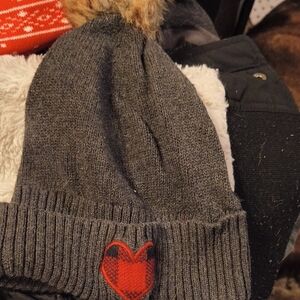 Gray Knit Beanie with Red Heart